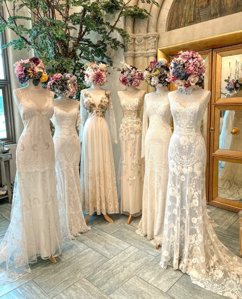 various modest gowns on mannequins from Versailles Atelier Bridal 