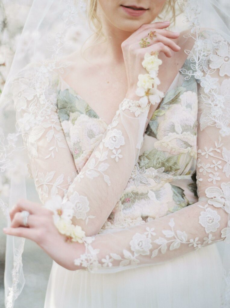 a close-up shot of a flower wedding dress