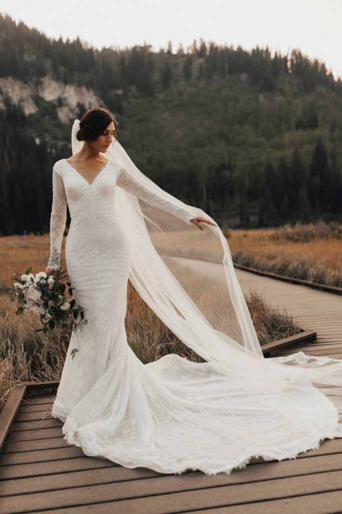 modest wedding dress with lace sleeves