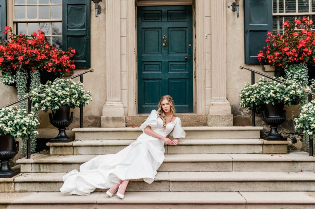 Barbara Kavchok minimalist wedding dress worn by a model
