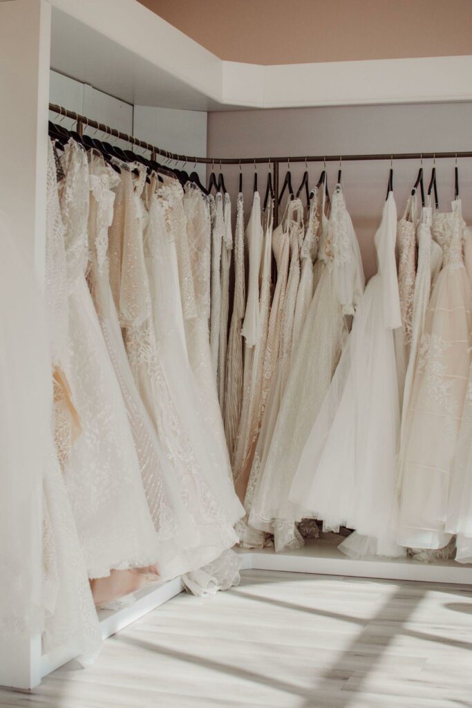 various wedding dress inside a bridal shop